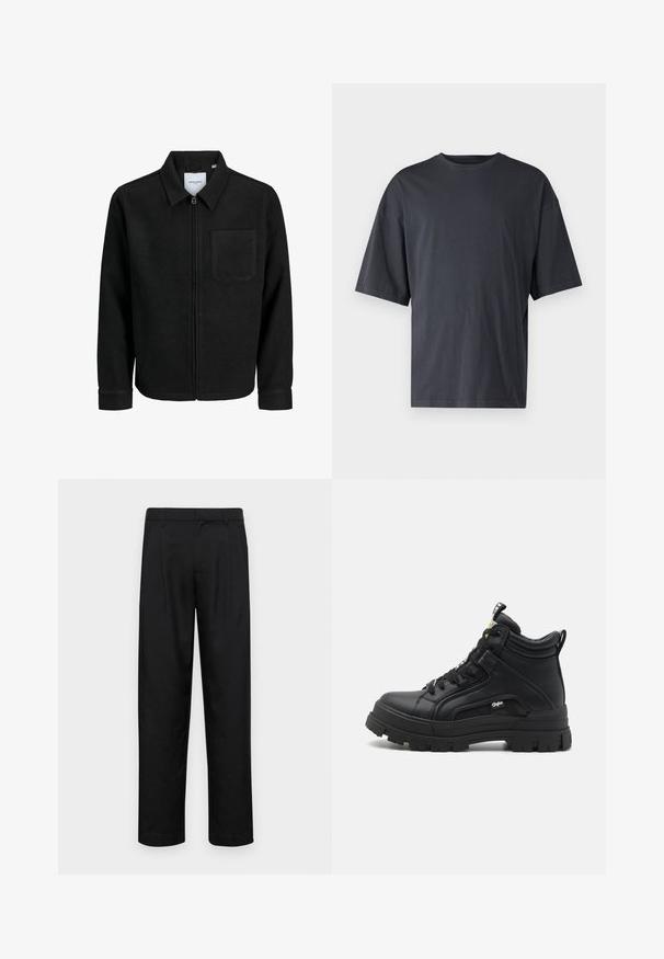 Giacca nera con zip, colletto e una tasca sul petto, mostrata su sfondo bianco.; T-shirt corto a maniche corte di colore grigio scuro realizzato in cotone leggero, con vestibilità ampia e colletto girocollo classico, caratterizzato da una texture liscia e senza motivi.; Pantaloni neri realizzati in tessuto liscio, caratterizzati da un taglio dritto, due pieghe frontali e una vita standard con passanti per la cintura.; Calzature nere alte in pelle texturizzata, dotate di una robusta suola in gomma, chiusura con lacci nella parte anteriore e un piccolo dettaglio del logo sul lato.