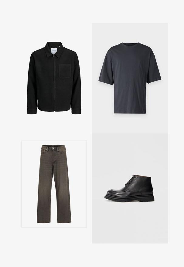 Juodas džemperis su užtrauktuku, apykakle ir vienu krūtiniu kišenėje, pristatytas baltame fone.; Tamsiai pilkas trumpas rankovėmis marškinėliai, pagaminti iš lengvos medvilnės, su laisvu kirpimu ir klasikinės apvalios iškirptės dizainu, be raštų ir su vientisu paviršiumi.; Plati kojinės džinsai tamsiai pilkos spalvos džinsinio audinio, su aukštu liemeniu, klasikinio penkių kišenių dizainu ir kontrastinga siuvimo linija siūlėse.; Juodų odinių kulkšninių botų su raištelių užsegimu, apvalia nosimi ir storesniu guminio pado fonu baltame fone.