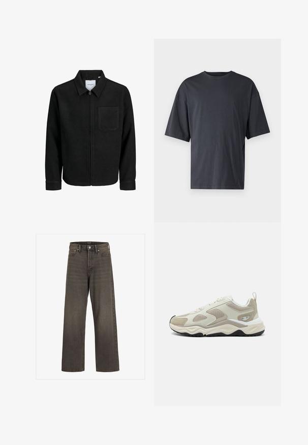 Black zip-up jacket with collar and single chest pocket, displayed on white background.; Dark gray short-sleeve t-shirt made of lightweight cotton, featuring a loose fit and classic crew neckline, with plain texture and no patterns.; Wide-leg jeans in dark grey denim, featuring a high waist, classic five-pocket design, and contrasting stitching along the seams.; Beige athletic shoe with a mix of smooth synthetic and mesh materials, textured accents, and a thick white and black sole.