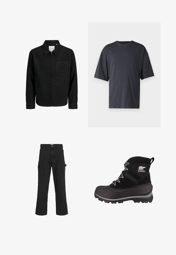 Melna jaka ar rāvējslēdzēju un apkakli, vienu krūšu kabatu, parādīta uz baltas fona.; Tumši pelēkas īsām piedurknēm T-krekls, izgatavots no viegla kokvilnas, ar brīvu piegriezumu un klasisku apaļu kakla izgriezumu, bez rakstiem un ar vienveidīgu faktūru.; Melnas cargo bikses no kokvilnas maisījuma auduma. Iekļauj plašas kājas, priekšējās slīpās kabatas un sānu kabatu ar cilpu aksesuāriem.; Melnas ziemas zābakus ar teksturētu zamšādas augšdaļu, gumijas zoli, metāla detaļām un logotipa akcentu. Iedarbina augsta kāja un izturīga šņorēšanas sistēma.
