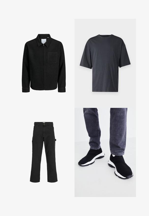 Schwarze Zip-Jacke mit Kragen und einer einzelnen Brusttasche, auf weißem Hintergrund präsentiert.; Dunkelgraues Kurzarm-T-Shirt aus leichtem Baumwollmaterial, mit lockerer Passform und klassischem Rundhalsausschnitt, in einfarbigem Design ohne Muster.; Schwarze Cargo-Hosen aus einem Baumwoll-Mischgewebe. Mit weitem Bein, schrägen Taschen vorne und einer Seitentasche mit einer Schlaufe für Accessoires.; Schwarz-weiße Slip-On-Sneaker mit Obermaterial aus strukturiertem Mesh, runder Zehenform und schwarzer Gummisohle, kombiniert mit dunklen Jeans.