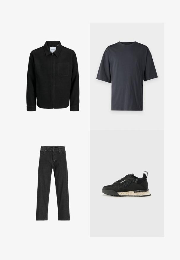 Svart zip-jacka med krage och en enda bröstficka, visad på vit bakgrund.; Mörkgrå t-shirt med kort ärm i lättviktsbomull, med en lös passform och klassisk rundhalsringning, med slät textur och utan mönster.; Svarta denimjeans med rak passform, featuring dragkedja, bälteslöljer och sex fickor, tillverkade av en kraftig bomullsblandning.; Replay FIELD MELT 25 - Sneakers - black