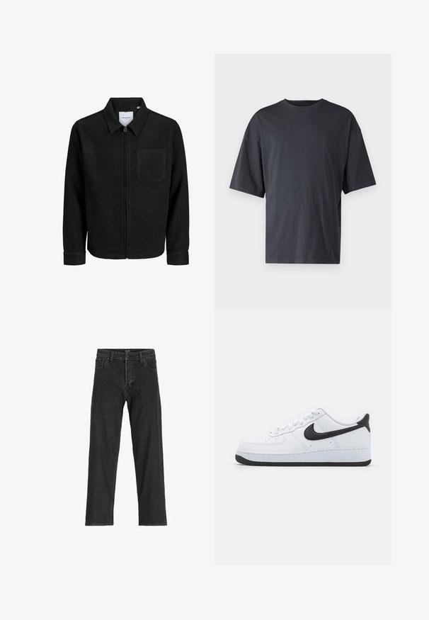 Crna jakna na zip s ovratnikom i jednim džepom na prsima, prikazana na bijeloj pozadini.; Tamno siva kratka majica s kratkim rukavima, izrađena od laganog pamuka, s opuštenim krojem i klasičnim okruglim izrezom, bez uzoraka i teksta.; Crne traperice s ravnim krojem, s patentnim zatvaračem, petljama za pojas i šest džepova, izrađene od čvrste mješavine pamuka.; Bijele kožne tenisice s crnim Nike Swooshom, okrugli vrh, vezanje sprijeda, teksturirana crna gumena potplata i uklesana riječ "Air" na peti.