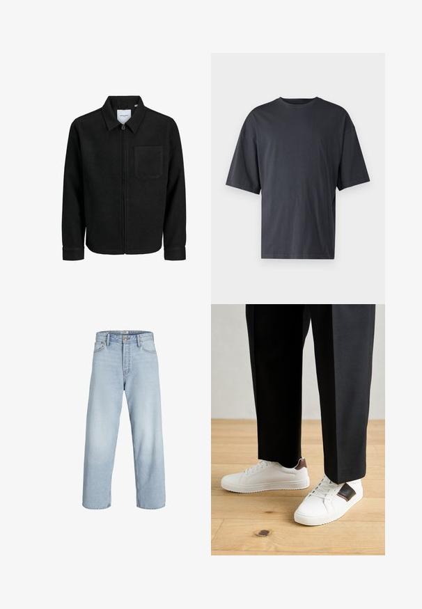 Črna jakna z zadrgo in ovratnikom ter enim žepom na prsih, prikazana na beli podlagi.; Temno siva majica s kratkimi rokavi iz lahkotnega bombaža, z ohlapnim krojem in klasičnim okroglim izrezom, z enostavno teksturo in brez vzorcev.; Svetlo modri kavbojki z visokim pasom, širokimi hlačnicami in ravnim krojem. Imajo klasično zapiranje z gumbom in zasnovo s petimi žepi.; Beli športni copati z gladko teksturo, okrašeni z rjavimi usnjenimi detajli in črnimi poudarki, v kombinaciji s črnimi krojenimi hlačami. Ozadje iz lesenih tal.