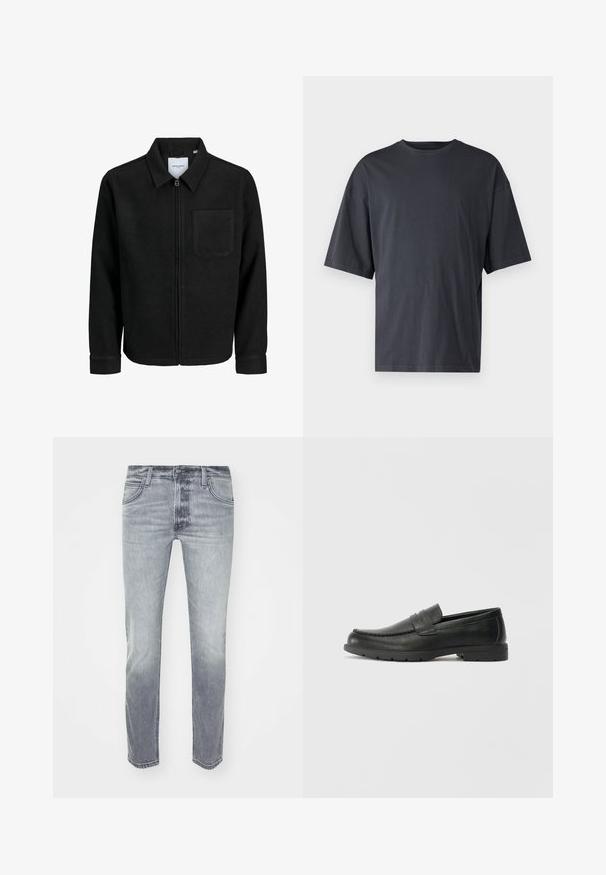 Juodas džemperis su užtrauktuku, apykakle ir vienu krūtiniu kišenėje, pristatytas baltame fone.; Tamsiai pilkas trumpas rankovėmis marškinėliai, pagaminti iš lengvos medvilnės, su laisvu kirpimu ir klasikinės apvalios iškirptės dizainu, be raštų ir su vientisu paviršiumi.; Pilkos džinsinės kelnės su šiek tiek blukimu, turinčios penkių kišenių dizainą, užtrauktuką ir tiesų kirpimą. Lygus paviršius ir minimalios siuvimo detalės.; Juodai odiniai loaferiai su sklandžiu paviršiumi, mokasino stiliaus viršus, siuvinėjimu ir guminėmis padangomis. Klasikinis dizainas su žemu kulnu.