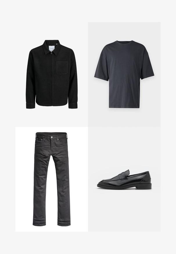 Schwarze Zip-Jacke mit Kragen und einer einzelnen Brusttasche, auf weißem Hintergrund präsentiert.; Dunkelgraues Kurzarm-T-Shirt aus leichtem Baumwollmaterial, mit lockerer Passform und klassischem Rundhalsausschnitt, in einfarbigem Design ohne Muster.; Schwarze Denim-Jeans mit klassischem geraden Beinschnitt. Mit Fronttaschen, Knopfverschluss und dezenten Stickdetails.; Schwarze Lederloafers mit glatter Oberfläche, runder Spitze und schmalem Riemen über dem Obermaterial. Niedriger, gestapelter Absatz.