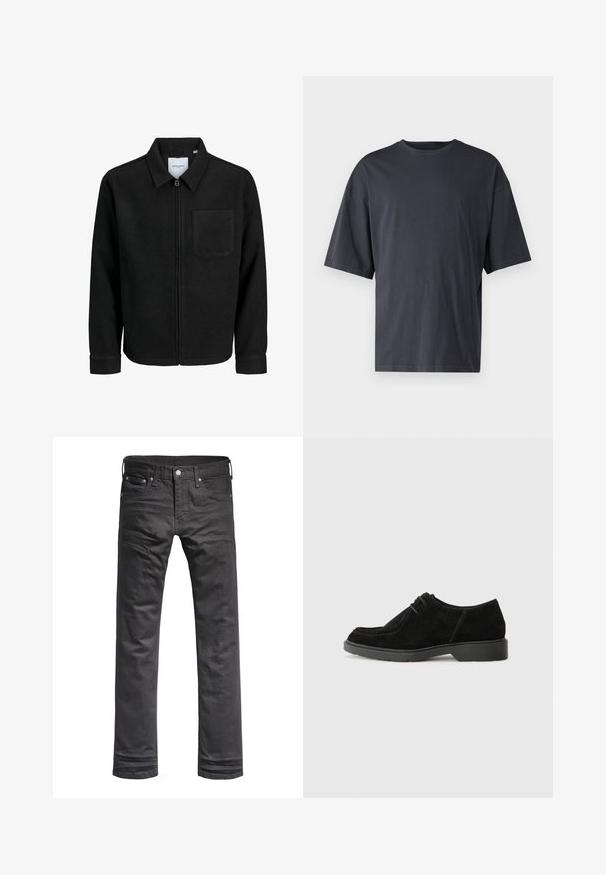 Giacca nera con zip, colletto e una tasca sul petto, mostrata su sfondo bianco.; T-shirt corto a maniche corte di colore grigio scuro realizzato in cotone leggero, con vestibilità ampia e colletto girocollo classico, caratterizzato da una texture liscia e senza motivi.; Jeans in denim nero con un design classico a gamba dritta. Presentano tasche frontali, chiusura a bottoni e dettagli di cucitura sottili.; Scarpa da uomo in suede nera con punta arrotondata, cuciture a contrasto e suola in gomma. Presenta una minimal laciatura e un design superiore liscio.