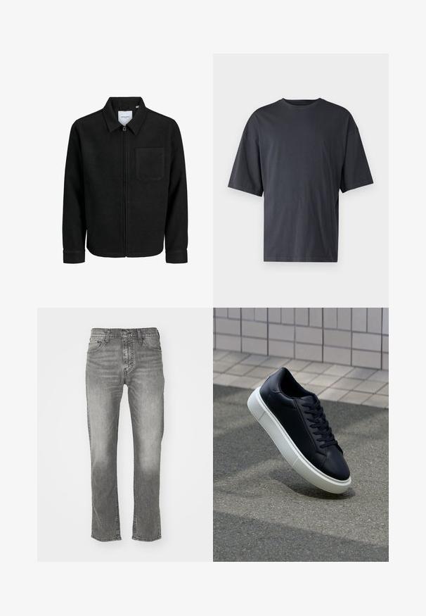Juodas džemperis su užtrauktuku, apykakle ir vienu krūtiniu kišenėje, pristatytas baltame fone.; Tamsiai pilkas trumpas rankovėmis marškinėliai, pagaminti iš lengvos medvilnės, su laisvu kirpimu ir klasikinės apvalios iškirptės dizainu, be raštų ir su vientisu paviršiumi.; Pilkos džinsinės kelnes su tiesiu kirpimu, kuriuose yra sagos segimas, penki kišenės ir kontrastingas siuvinėjimas siūlėse.; Juodas odinis sportbačius su apvaliu pirštu ir baltu gumuotu padu. Turi plokščias raišteles ir minimalų siuvimą viršuje. Padangos tekstūra užtikrina sukibimą.