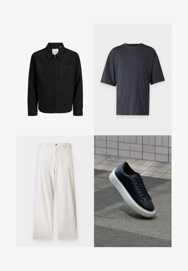 Melna jaka ar rāvējslēdzēju un apkakli, vienu krūšu kabatu, parādīta uz baltas fona.; Tumši pelēkas īsām piedurknēm T-krekls, izgatavots no viegla kokvilnas, ar brīvu piegriezumu un klasisku apaļu kakla izgriezumu, bez rakstiem un ar vienveidīgu faktūru.; Beige platīni bikses, kas izgatavotas no kokvilnas, ar rāvējslēdzēju un vienas pogas aizdari. Iespējas priekšējās kabatas un teksturēta auduma apdare.; Melnas ādas kedas ar noapaļotu pirkstu un baltu gumijas zoli. Iespējas - plakanas šņorītes un minimāla apdare augšdaļā. Struktūrēta zole, lai nodrošinātu saķeri.