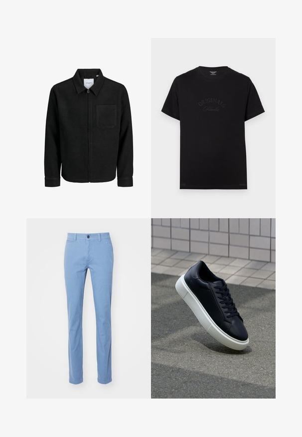 Musta vetoketjullinen takki, jossa on kaulus ja yksi rintatasku, esitelty valkoista taustaa vasten.; Mustat puuvillapaitat lyhyillä hihoilla ja pyöreällä kaula-aukolla. Edessä on tonalisessa kirjonnassa "ORIGINALS Studio".; Vaaleansiniset suorat chinot, jotka on valmistettu puuvillakankaasta. Varustettu edessä olevalla nappikiinnityksellä, vyölenkeillä ja etutaskuilla. Tasainen pinta.; Mustat nahkakengät, joissa on pyöristetty kärki ja valkoinen kumipohja. Varusteena litteät nauhat ja minimaalinen ommel ylhäällä. Teksturoitu pohja pitävyyden lisäämiseksi.