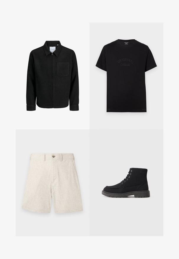 Musta vetoketjullinen takki, jossa on kaulus ja yksi rintatasku, esitelty valkoista taustaa vasten.; Mustat puuvillapaitat lyhyillä hihoilla ja pyöreällä kaula-aukolla. Edessä on tonalisessa kirjonnassa "ORIGINALS Studio".; Harmaanbeige pellavashortsit, joissa on teksturoitu kangas, etuhalkio napilla, kaksi sivutaskua ja muotoiltu malli.; Musta nilkkureita, jotka on valmistettu tekstuurimateriaalista, litteällä pohjalla, pyöreällä varvalla ja kuuden reikän nauhoituksella. Vahvistettu ompelu reunassa.