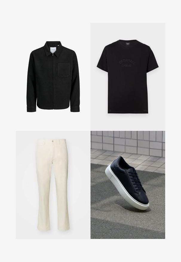 Veste zippée noire avec col et poche poitrine unique, présentée sur fond blanc.; T-shirt en coton noir à manches courtes et col rond. Présente "ORIGINALS Studio" embossé en lettres tonales sur le devant.; Pantalon en coton beige avec une coupe droite, doté d'une fermeture à bouton et d'une poche latérale. Texture lisse et style simple.; Baskets noires en cuir avec bout arrondi et semelle en caoutchouc blanc. Elles présentent des lacets plats et une couture minimale sur la tige. Semelle texturée pour une bonne adhérence.
