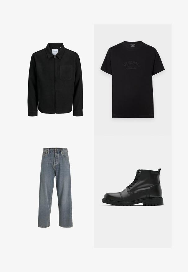 Fekete, zipzáros dzseki gallérral és egyetlen mellzsebbel, fehér háttéren.; Fekete pamut póló rövid ujjakkal és kerek nyakkivágással. Az elején tónusos betűkkel a "ORIGINALS Studio" felirat látható.; Világoskék, bő szabású farmernadrág magas derékkal, öt zsebes kialakítással és látható varrásokkal. Puha tapintás, enyhén megfakult megjelenéssel.; Fekete bőr bokacsizma kerek orral, fűzős kivitelben, kontrasztos szürke fűzőlyukakkal és strapabíró gumitalppal. Simább textúrával és minimális díszítéssel.