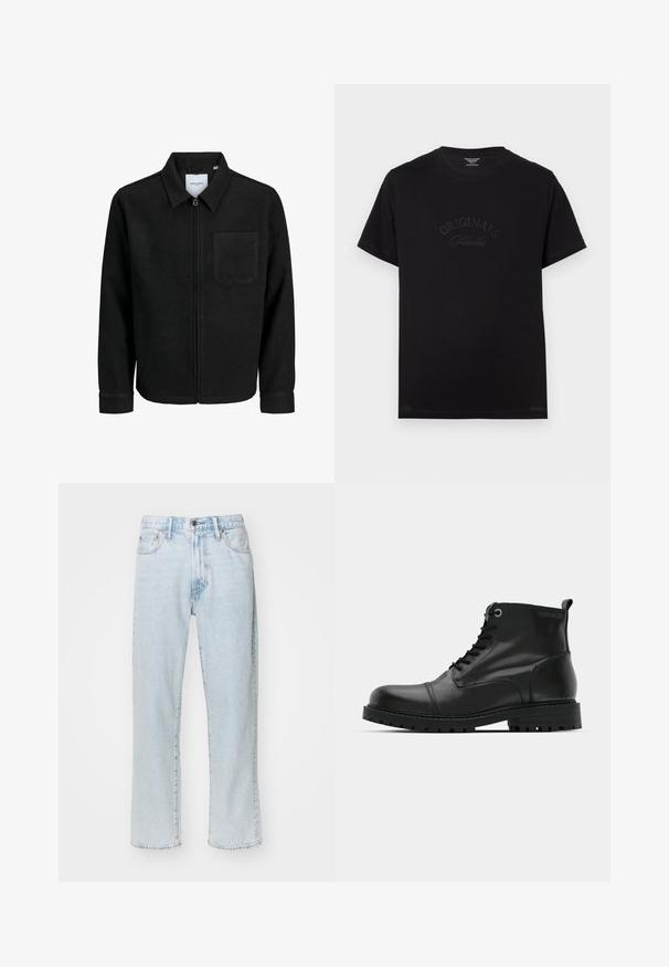 Black zip-up jacket with collar and single chest pocket, displayed on white background.; Black cotton t-shirt with short sleeves and a round neckline. Features "ORIGINALS Studio" embossed in tonal lettering on the front.; Light blue straight-leg jeans made of denim, featuring five pockets, a zip fly with button closure, and subtle fading on the fabric.; Black leather ankle boots with round toe, lace-up design, contrasting gray eyelets, and rugged rubber outsole. Smooth texture with minimal accents.