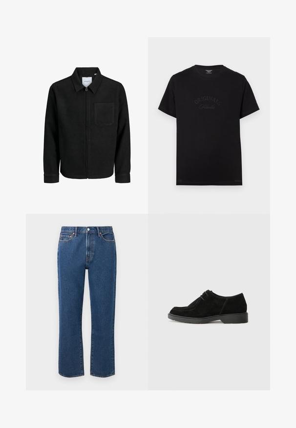 Čierna zipsová bunda s golierom a jednou náprsníkou, vystavená na bielom pozadí.; Čierne bavlnené tričko s krátkymi rukávmi a okrúhlym výstrihom. Na prednej strane sa nachádza embosovaný nápis "ORIGINALS Studio" v tónovaných písmenách.; Modré rovné džínsy z denimu, s gombíkovým zapínaním, piatimi vreckami a kontrastným oranžovým prešívaním.; Čierne zamšové pánske topánky s okrúhlou špičkou, kontrastným prešívaním a gumovou podrážkou. Obsahuje minimálne šnurovanie a hladký horný dizajn.