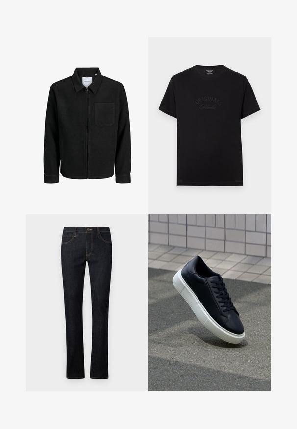 Črna jakna z zadrgo in ovratnikom ter enim žepom na prsih, prikazana na beli podlagi.; Črna bombažna majica s kratkimi rokavi in okroglo izrezom. Na sprednjem delu je v tonečih črkami embosirano "ORIGINALS Studio".; Temno modri kavbojasti hlače s ravnim krojem, ki vključujejo oranžne šive, zasnovo s petimi žepi in sprednje zapiranje na gumb.; Črne usnjene superge z zaobljenim prstom in belim gumijastim podplat. Imajo ravne vezalke in minimalno šivanje na zgornjem delu. Teksturirani podplat za oprijem.