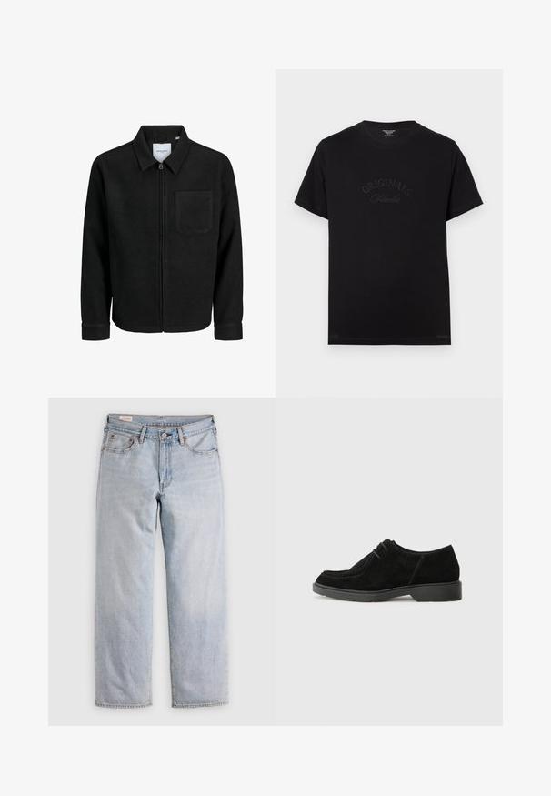 Melna jaka ar rāvējslēdzēju un apkakli, vienu krūšu kabatu, parādīta uz baltas fona.; Melnas kokvilnas T-krekls ar īsām piedurknēm un apaļu izgriezumu. Priekšpusē ir izceltas ar tonālām burtiem "ORIGINALS Studio".; Gaiši zili taisni džinsi ar augstu jostasvietu, pogu aizdari un priekšējām un aizmugurējām kabatām, izlikti uz plaknes.; Melnas zamša kleitu kurpes ar noapaļotu pirkstu, kontrastējošu šuvju un gumijas zoli. Ievērojams minimālais auklu dizains un gludā augšdaļa.