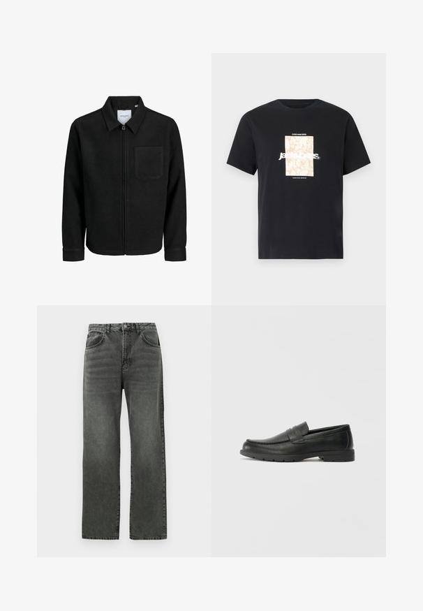 Juodas džemperis su užtrauktuku, apykakle ir vienu krūtiniu kišenėje, pristatytas baltame fone.; Juodas medvilninis marškinėliai su apvaliu kaklu. Ant priekinės pusės yra smėlio spalvos stačiakampis grafikas ir baltas tekstas "JAWO", centrinėje dalyje. Trumpi rankoviai.; Tiesūs juodi skalbti džinsai su priekine saga ir kišenėmis, išdėstyti ant baltos fono.; Juodai odiniai loaferiai su sklandžiu paviršiumi, mokasino stiliaus viršus, siuvinėjimu ir guminėmis padangomis. Klasikinis dizainas su žemu kulnu.