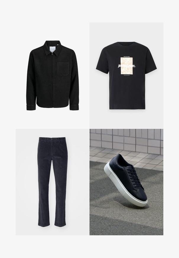 Giacca nera con zip, colletto e una tasca sul petto, mostrata su sfondo bianco.; Maglietta in cotone nera con collo tondo. Presenta una grafica rettangolare beige e il testo bianco, "JAWO," centrato sulla parte frontale. Maniche corte.; Pantaloni in velluto a coste di colore grigio scuro con design a gamba dritta, dotati di chiusura frontale con bottone e tasche laterali. Texture morbida con righe verticali.; Sneaker in pelle nera con punta arrotondata e suola in gomma bianca. Presenta lacci piatti e cuciture minime sulla parte superiore. Suola testurizzata per una migliore aderenza.