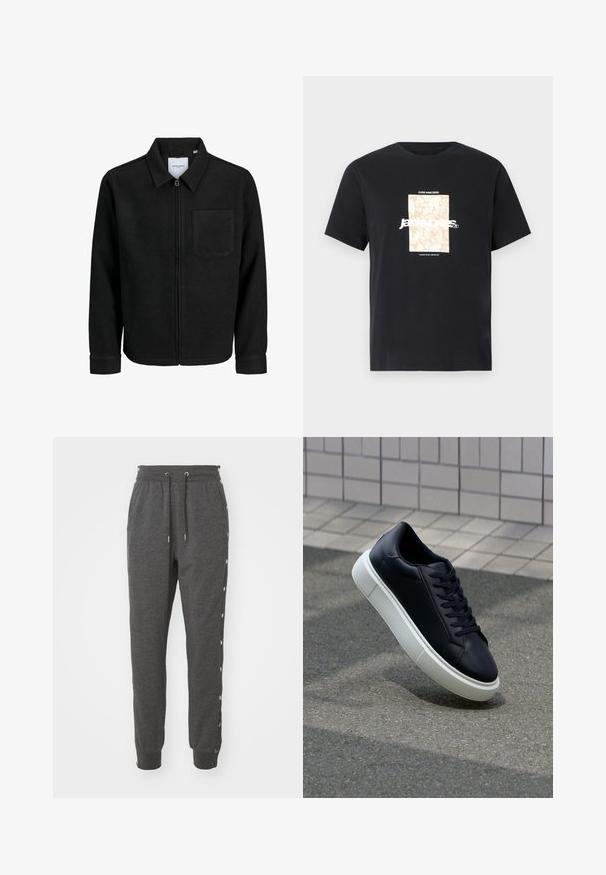 Melna jaka ar rāvējslēdzēju un apkakli, vienu krūšu kabatu, parādīta uz baltas fona.; Melna kokvilnas T-kreklā ar apaļu kakla izgriezumu. Priekšpusē ir beigu taisnstūra grafika un balti burti "JAWO", kas ir centrēti. Īsas piedurknes.; Pelēki treniņbikses, kas izgatavotas no mīksta auduma, ar auklu jostu, potīšu aprocēm un spiedpogu aizdares malās vieglai piekļuvei.; Melnas ādas kedas ar noapaļotu pirkstu un baltu gumijas zoli. Iespējas - plakanas šņorītes un minimāla apdare augšdaļā. Struktūrēta zole, lai nodrošinātu saķeri.