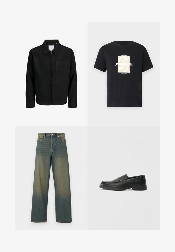 Črna jakna z zadrgo in ovratnikom ter enim žepom na prsih, prikazana na beli podlagi.; Črna bombažna majica s krožnim izrezom. Ima bež pravokoten grafični vzorec in belo besedilo "JAWO," sredi spredaj. Kratke rokave.; Široke kavbojke iz zbledelog modrega denima. Imajo visok pas, zasnovo s petimi žepi, kovinsko zaponko ter vidne nitne detajle.; Črne usnjene loafer čevlje z gladko površino, zgornjim delom v slogu mokasin, šivanimi detajli in gumijastim podplatom. Klasična zasnova z nizko peto.