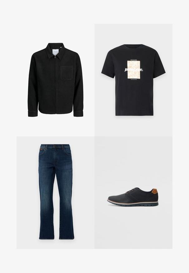 Schwarze Zip-Jacke mit Kragen und einer einzelnen Brusttasche, auf weißem Hintergrund präsentiert.; Schwarzes Baumwoll-T-Shirt mit Rundhalsausschnitt. Hat eine beige rechteckige Grafik und weißen Text "JAWO", zentriert auf der Vorderseite. Kurze Ärmel.; Dunkelblaue, ausgestellte Jeans aus Denim mit einem Fünf-Taschen-Design, Knopfverschluss vorne und subtilen Ausbleichungen an den Oberschenkeln für eine abwechslungsreiche Textur.; Schwarze synthetische Schuhe mit einer strukturierten Oberseite, glatten Akzenten, braunem Absatz und einer kontrastierenden Sohle. Verfügt über minimale Schnürung und Nähdetails.