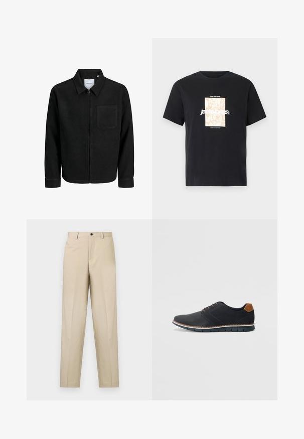 Musta vetoketjullinen takki, jossa on kaulus ja yksi rintatasku, esitelty valkoista taustaa vasten.; Mustat puuvillapaita pyöreällä kaula-aukolla. Edessä on beigellä suorakulmaisella graafikolla ja valkoisella tekstillä "JAWO" keskellä. Lyhyet hihat.; Beige-housut, jotka on valmistettu kevyestä kankaasta, suoran lahkeen muotoilulla, yhdellä etupleatilla ja nappikiinnityksellä vyötäröllä.; Mustat synteettiset kengät, joissa on teksturoitu päällinen, sileät yksityiskohdat, ruskea kanta ja erottuva pohja. Ominaisuuksina minimaalinen nauhoitus ja ompeluyksityiskohdat.