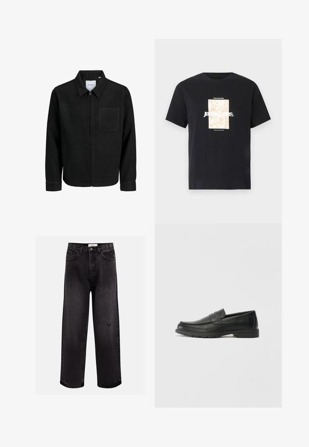Čierna zipsová bunda s golierom a jednou náprsníkou, vystavená na bielom pozadí.; Čierne bavlnené tričko s okrúhlym výstrihom. Na prednej strane sa nachádza béžová obdĺžniková grafika s bielym textom "JAWO," ktorý je umiestnený na stred. Krátke rukávy.; Čierne denimové nohavice s širokým strihom, obsahujúce päť vreciek, prešité pásov a jemný detail loga pri kolene.; Čierne kožené mokasíny s hladkým povrchom, vrchnou časťou v štýle mokasín, prešitým detailom a gumovou podrážkou. Klasický dizajn s nízkym podpätkom.