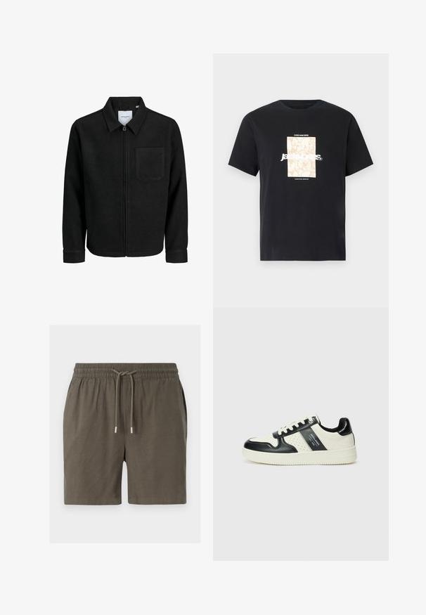 Črna jakna z zadrgo in ovratnikom ter enim žepom na prsih, prikazana na beli podlagi.; Črna bombažna majica s krožnim izrezom. Ima bež pravokoten grafični vzorec in belo besedilo "JAWO," sredi spredaj. Kratke rokave.; Temno zelene kratke hlače z elastičnim pasom, zapiranjem na vrvico in gladko, lahko teksturo. Brez vidnih žepov ali vzorcev.; Usnjeni športni čevlji z črno in krem barvno shemo, ki vključujejo perforirane dodatke, podložen ovratnik in strukturirano podplat.