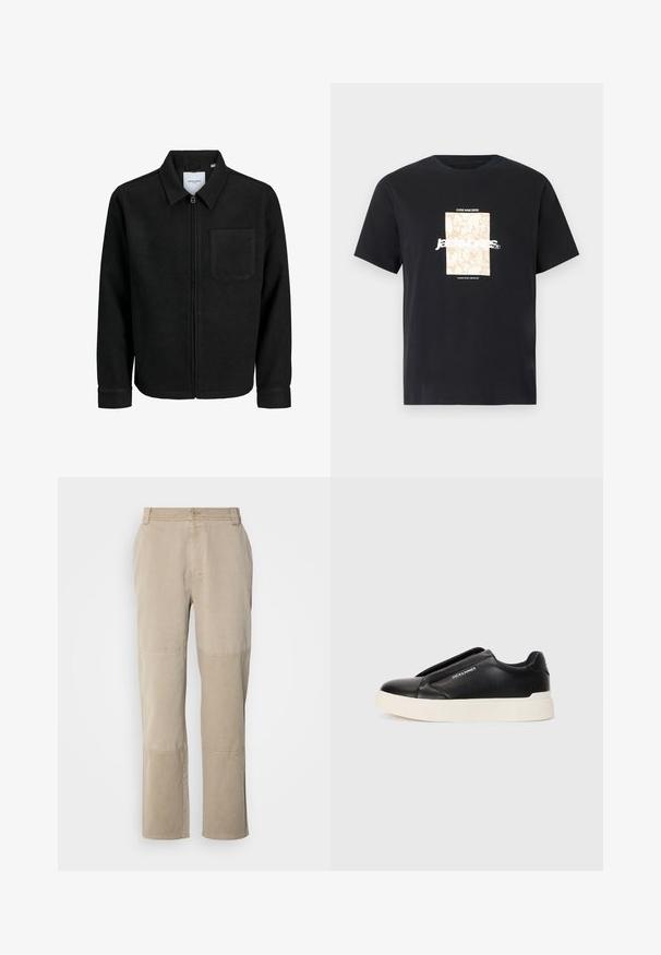 Schwarze Zip-Jacke mit Kragen und einer einzelnen Brusttasche, auf weißem Hintergrund präsentiert.; Schwarzes Baumwoll-T-Shirt mit Rundhalsausschnitt. Hat eine beige rechteckige Grafik und weißen Text "JAWO", zentriert auf der Vorderseite. Kurze Ärmel.; Beige Baumwoll-Twill-Hosen mit geradem Bein, ausgestattet mit genähten Knie-Akzenten und einem Knopfverschluss an der Taille.; Schwarzer Schlupfschuh aus strukturiertem Lederobermaterial, mit weißer Gummisohle und ohne sichtbare Schnürsenkel. Mit Markenlogo an der Seite.