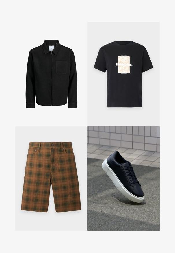 Veste zippée noire avec col et poche poitrine unique, présentée sur fond blanc.; T-shirt noir en coton avec col rond. Présente un graphique rectangulaire beige et un texte blanc "JAWO" centré sur le devant. Manches courtes.; Shorts à carreaux marron avec un motif texturé, présentant une coupe classique, cinq poches et des accessoires en métal à la taille.; Baskets noires en cuir avec bout arrondi et semelle en caoutchouc blanc. Elles présentent des lacets plats et une couture minimale sur la tige. Semelle texturée pour une bonne adhérence.