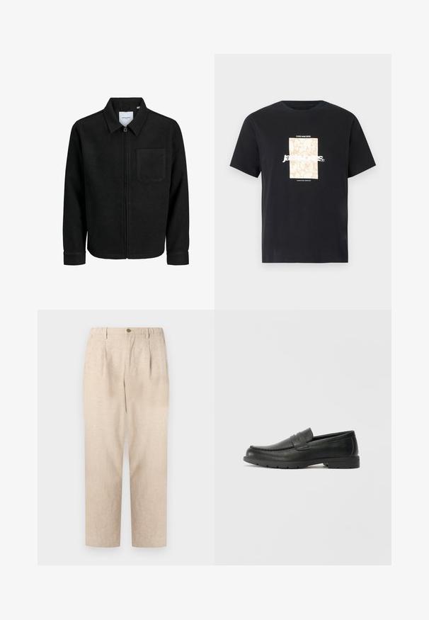 Melna jaka ar rāvējslēdzēju un apkakli, vienu krūšu kabatu, parādīta uz baltas fona.; Melna kokvilnas T-kreklā ar apaļu kakla izgriezumu. Priekšpusē ir beigu taisnstūra grafika un balti burti "JAWO", kas ir centrēti. Īsas piedurknes.; Beige linu bikses ar kroku, elastīgu jostasvītru un vienu pogu aizdari. Taisnas kājas dizains ar faktūras apdari.; Melnas ādas loafers ar gludu apdari, mokasīnu stila augšdaļu, šūtu detalizāciju un gumijas zoli. Klasisks dizains ar zemu papēdi.