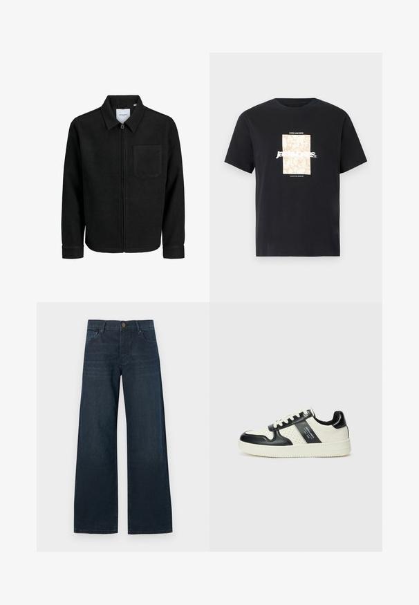 Čierna zipsová bunda s golierom a jednou náprsníkou, vystavená na bielom pozadí.; Čierne bavlnené tričko s okrúhlym výstrihom. Na prednej strane sa nachádza béžová obdĺžniková grafika s bielym textom "JAWO," ktorý je umiestnený na stred. Krátke rukávy.; Tmavomodré široké džínsy s hladkou denimovou textúrou, s predným zapínaním na gombík, pútkami na opasok a dizajnom s piatimi vreckami.; Kožené tenisky v čierno-krémovej farbe, s perforovanými akcentmi, polstrovaným golierom a štruktúrovanou podrážkou.