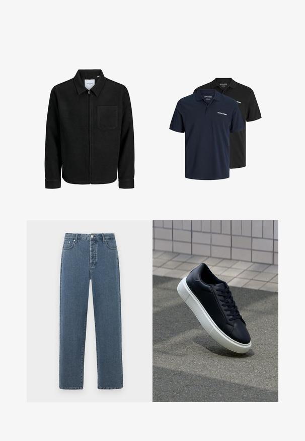 Mustaga lukuga jakker, millel on krae ja üks rinna-tasku, esitatud valgel taustal.; Kaks polo särki: üks tumepunane valge logoga ja üks must. Mõlemal on klassikaline krae ja lühikesed varrukad, valmistatud kergest kangast.; Sinine teksariie, millel on sirge jalg, varustatud luku ja vööaugedega ning viie taskuga disain. Kangas näitab kerget pleekimist ja tekstuuri.; Mustast nahast tennisetoss, millel on ümar nina ja valge kummist tall. Omab siredaid paelu ja minimaalset õmblemist ülemises osas. Tekstuuriga tald, mis tagab haakuvuse.