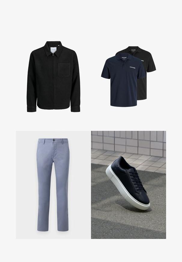 Čierna zipsová bunda s golierom a jednou náprsníkou, vystavená na bielom pozadí.; Dvoje polokošieľ: jedny námornícke s bielym logom a jedny čierne. Obe majú klasický golier a krátke rukávy, sú vyrobené z ľahkej tkaniny.; Svetlomodré bavlnené chinos nohavice s úzkym strihom, s gombíkovým zapínaním, pútkami na opasok a bočnými vreckami, hladkou textúrou a rovnými nohavicami.; Čierne kožené tenisky s okrúhlou špičkou a bielou gumovou podrážkou. Majú ploché šnúrky a minimálne šitie na vrchu. Textúrovaná podrážka pre lepšiu priľnavosť.