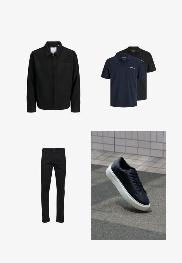 Crna jakna na zip s ovratnikom i jednim džepom na prsima, prikazana na bijeloj pozadini.; Dvije polo majice: jedna tamnoplava s bijelim logom i jedna crna. Obje imaju klasičan ovratnik i kratke rukave, izrađene su od laganog materijala.; Crne traperice slim fit kroja, s klasičnim dizajnom od pet džepova, čvrstim šavovima te zatvaračem na munje s kopčanjem na gumb.; Crne kožne tenisice s zaobljenim vrhom i bijelim gumiranim potplatom. Imaju ravne vezice i minimalno šivanje na gornjem dijelu. Teksturirani potplat za bolje prianjanje.