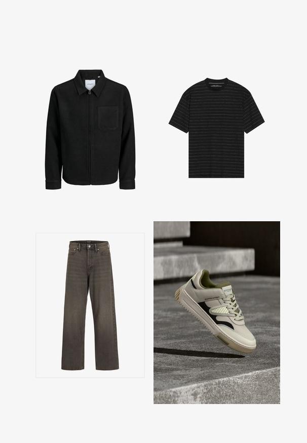 Zwarte zip-up jas met kraag en enkele borstzak, weergegeven op een witte achtergrond.; Zwarte t-shirt met korte mouwen en smalle witte horizontale strepen. Gemaakt van zachte stof met een ronde hals en een relaxte pasvorm.; Wijde jeans in donkergrijze denim met een hoge taille, een klassieke vijf-pocketontwerp en contrasterende stiksels langs de naden.; Crème leren sneaker met donkergroene accenten, gestructureerde panelen, zwarte zijstreep en een robuuste rubberen zool, verhoogd boven een betonnen oppervlak.