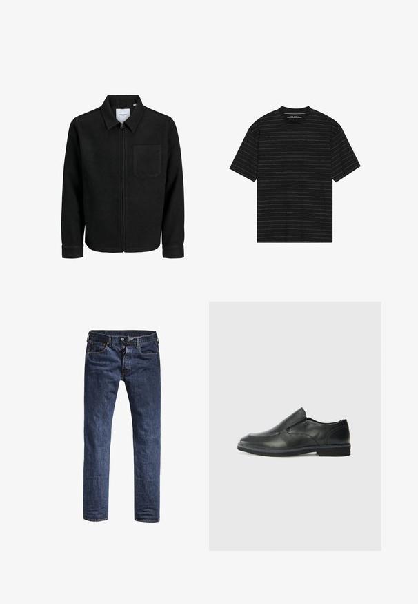 Chaqueta negra con cremallera y cuello, con un solo bolsillo en el pecho, expuesta sobre un fondo blanco.; Camiseta negra de manga corta con finas rayas horizontales blancas. Confeccionada en una tela suave, cuenta con un cuello redondo y un corte relajado.; Jeans de denim azul oscuro con un corte slim, cinco bolsillos y una cinturilla estándar. Presenta costuras visibles y accesorios de metal.; Zapato negro de cuero sin cordones con un upper suave, detalles de costura, punta redonda y un bajo tacón de goma. La suela presenta una tracción mínima.