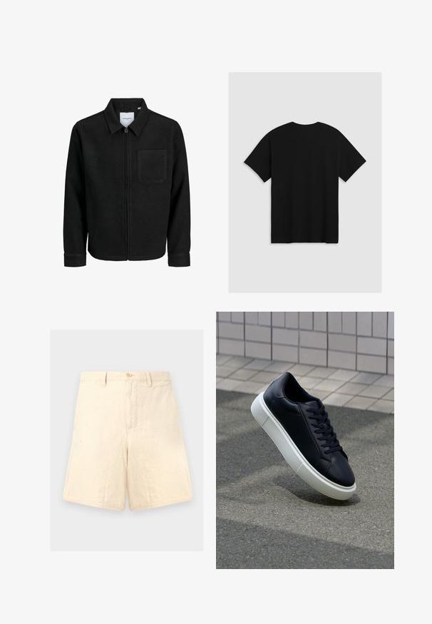 Schwarze Zip-Jacke mit Kragen und einer einzelnen Brusttasche, auf weißem Hintergrund präsentiert.; Levi's® BOXTAB - T-Shirt print - boxtab in black bas; Beige Leinen-Shorts mit taillierter Passform, ausgestattet mit einem vorderen Knopfverschluss, zwei seitlichen Taschen und einer dezenten Textur.; Schwarze Leder-Sneaker mit runder Zehenpartie und weißer Gummisohle. Verfügt über flache Schnürsenkel und minimale Nähte im Obermaterial. Strukturiertes Sohlenprofil für besseren Halt.