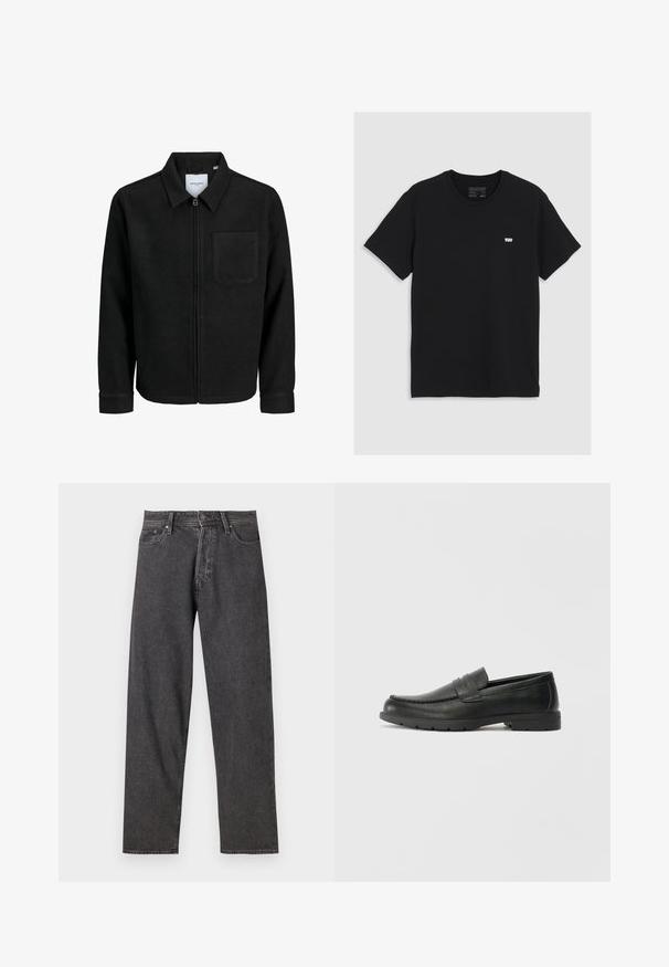 Giacca nera con zip, colletto e una tasca sul petto, mostrata su sfondo bianco.; T-shirt in cotone nero con maniche corte, scollatura rotonda, presenta un piccolo logo bianco Levi's sul petto, texture liscia, vestibilità classica.; Jeans in denim nero con taglio dritto, design a cinque tasche e delicati sbiancamenti. Presenta una chiusura a bottone e passanti per la cintura.; Mocassini neri in pelle con una finitura liscia, parte superiore in stile mocassino, dettagli cuciti e suola in gomma. Design classico con tacco basso.