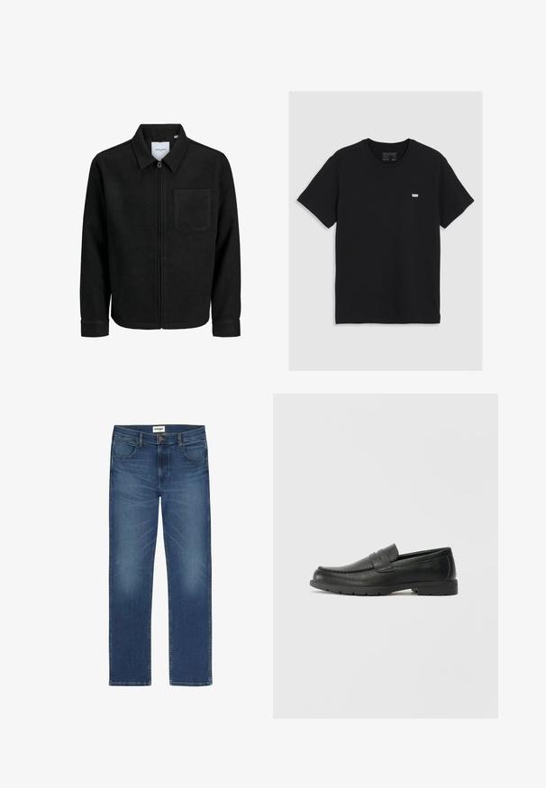 Giacca nera con zip, colletto e una tasca sul petto, mostrata su sfondo bianco.; T-shirt in cotone nero con maniche corte, scollatura rotonda, presenta un piccolo logo bianco Levi's sul petto, texture liscia, vestibilità classica.; Jeans in denim blu scuro con taglio dritto, cinque tasche e cuciture visibili. Presenta una chiusura frontale con bottone e zip.; Mocassini neri in pelle con una finitura liscia, parte superiore in stile mocassino, dettagli cuciti e suola in gomma. Design classico con tacco basso.