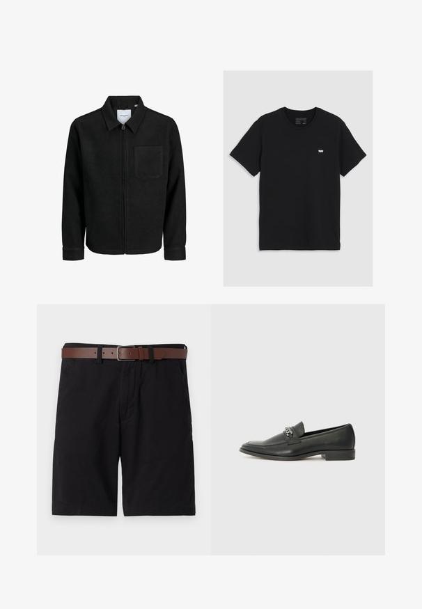 Black zip-up jacket with collar and single chest pocket, displayed on white background.; Black cotton t-shirt with short sleeves, round neckline, features a small white Levi's logo on the chest, smooth texture, classic fit.; Black cotton shorts featuring a brown leather belt. The design includes front pockets and a straight cut with finished hems.; Black leather loafer with a smooth finish, featuring a stitched design and a decorative metal chain accent across the vamp. Flat heel.