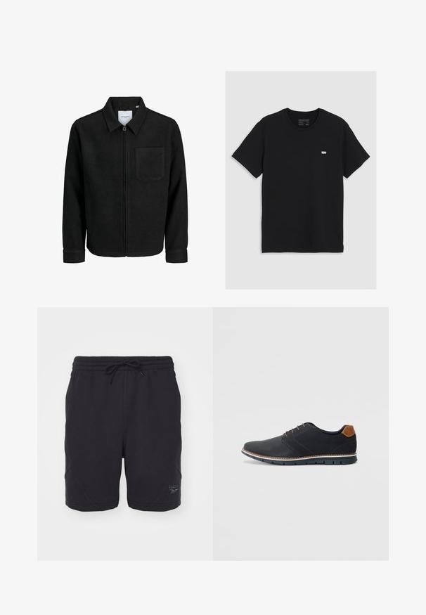 Juodas džemperis su užtrauktuku, apykakle ir vienu krūtiniu kišenėje, pristatytas baltame fone.; Juodas medvilninis marškinėliai su trumpomis rankovėmis, apvaliu kaklu, pasmerktas mažas baltas Levi's logotipas ant krūtinės, lygus teksturas, klasikinis modelis.; Juodos sportinės šortai su raišteliu elastinga juosmens juosta, turintys plokščias siūles ir subtilų iškilų logotipą apatinėje pusėje.; Juodi sintetiniai batai su tekstūruotu paviršiumi, lygiomis detalėmis, ruda kulna ir kontrastingu padu. Yra minimalus raištelių užsidėjimas ir siuvimo detalės.