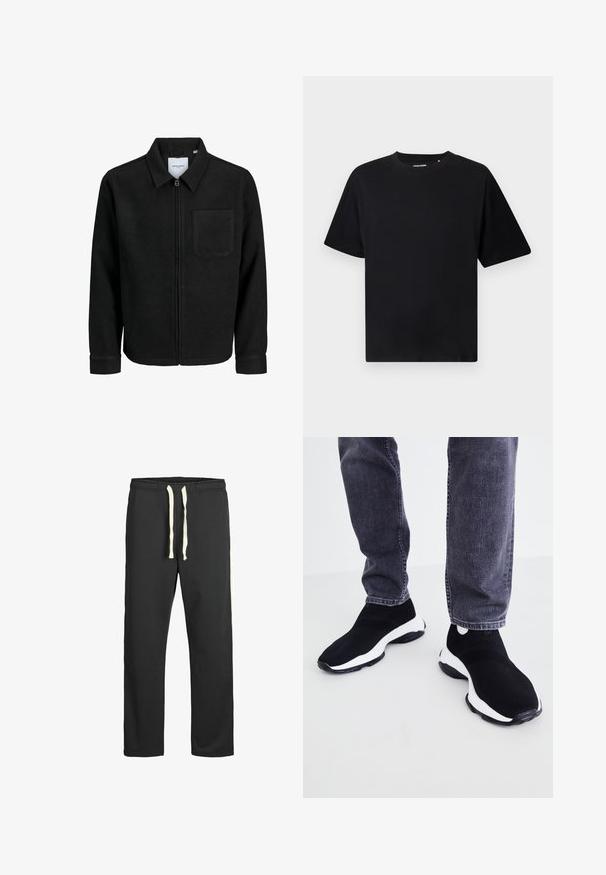 Zwarte zip-up jas met kraag en enkele borstzak, weergegeven op een witte achtergrond.; Zwarte T-shirt met korte mouwen en ronde hals in een relaxed fit, weergegeven op een witte achtergrond.; Zwarte sweatpants van zacht materiaal, voorzien van een trekkoord in de taille en witte zijkanten langs de buitennaad. Glad textuur gedurende het hele kledingstuk.; Zwart-witte instapsneakers met een textuurmesh bovenkant, ronde neus en zwarte rubberen zool, gecombineerd met donkere jeans.