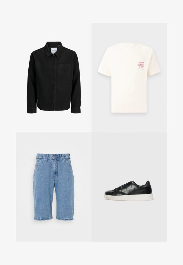 Chaqueta negra con cremallera y cuello, con un solo bolsillo en el pecho, expuesta sobre un fondo blanco.; Camiseta blanca de manga corta con el texto rojo "Edición de Studio Originals" en el lado izquierdo del pecho, exhibida sobre un fondo gris neutro.; Pantalones cortos de mezclilla en azul claro, con un diseño clásico de cinco bolsillos, cierre de botón y cremallera, con dobladillo sin acabar y textura desteñida.; Zapatillas negras con parte superior de cuero con textura de cocodrilo en relieve, puntera redondeada y una suela de goma blanca contrastante con un acabado suave.