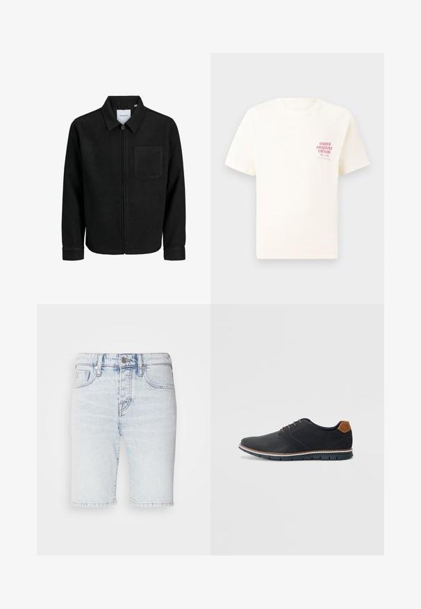 Black zip-up jacket with collar and single chest pocket, displayed on white background.; White short-sleeve T-shirt with red text "Studio Originals Edition" on left chest, displayed on a neutral gray background.; Light blue denim shorts, high-waisted with a fitted design, featuring five pockets and contrasting stitching. Raw hemline with a faded texture.; Black synthetic shoes with a textured upper, smooth accents, brown heel, and a contrasting sole. Features minimal lacing and stitch details.