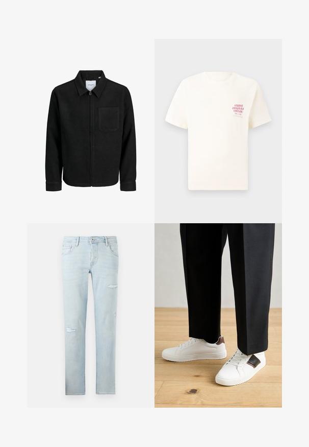 Chaqueta negra con cremallera y cuello, con un solo bolsillo en el pecho, expuesta sobre un fondo blanco.; Camiseta blanca de manga corta con el texto rojo "Edición de Studio Originals" en el lado izquierdo del pecho, exhibida sobre un fondo gris neutro.; Jeans de mezclilla azul claro con corte recto, que presentan detalles desgastados en las rodillas, cinco bolsillos y un cierre de botón y cremallera.; Zapatillas blancas con textura suave, con acentos de cuero marrón y detalles en negro, combinadas con pantalones negros ajustados. Fondo de suelo de madera.