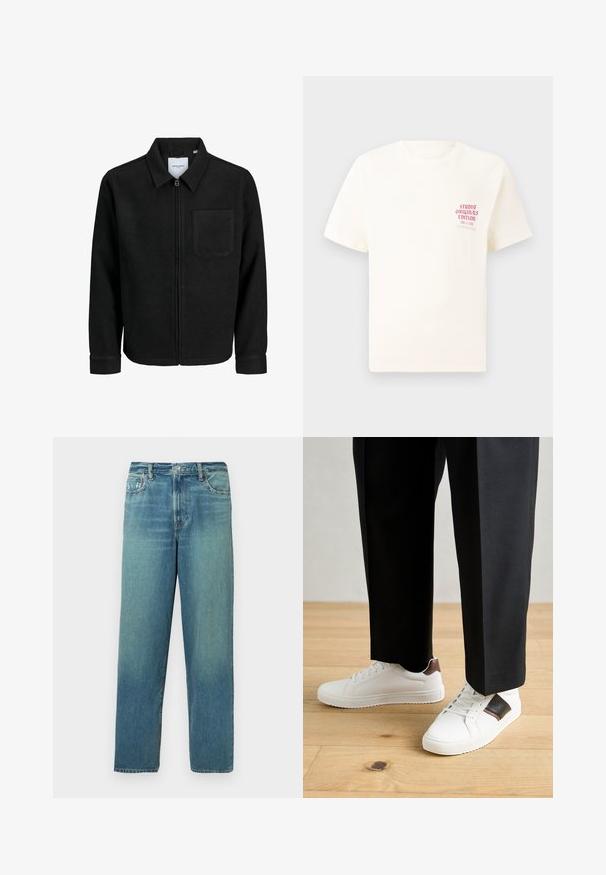 Musta vetoketjullinen takki, jossa on kaulus ja yksi rintatasku, esitelty valkoista taustaa vasten.; Valkoinen lyhythihainen t-paita, jossa on punainen teksti "Studio Originals Edition" vasemmalla rinnalla, esitetty neutraalilla harmaalla taustalla.; Farkut, vaaleansininen, haalistunut vaikutelma, suora lahje, tavallinen viisi-taskuinen malli, messinkipainike ja vetskari.; Valkoiset tennarit, joissa on sileä pinta, ruskealla nahka-akentilla ja mustilla yksityiskohdilla, yhdistetty mustiin räätälöityihin housuihin. Taustalla puulattia.