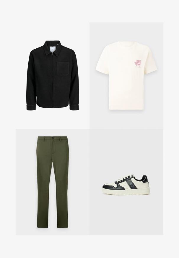 Veste zippée noire avec col et poche poitrine unique, présentée sur fond blanc.; T-shirt blanc à manches courtes avec le texte rouge "Édition Originals du Studio" sur la poitrine gauche, présenté sur un fond gris neutre.; Pantalon vert olive en tissu lisse, avec une coupe droite, des poches avant et une fermeture à un bouton. Détails de design minimalistes.; Baskets en cuir avec un schéma de couleurs noir et crème, dotées d'accents perforés, d'un col rembourré et d'une semelle texturée.