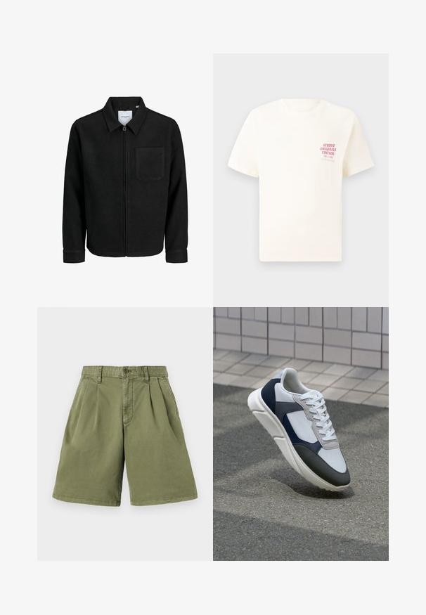 Black zip-up jacket with collar and single chest pocket, displayed on white background.; White short-sleeve T-shirt with red text "Studio Originals Edition" on left chest, displayed on a neutral gray background.; Khaki shorts with front pleats, made of cotton blend fabric. Features belt loops and button closure, with straight leg cut and clean hem.; White, navy, and gray sneaker with a mixed material design, featuring a textured upper, flat laces, and a cushioned sole.